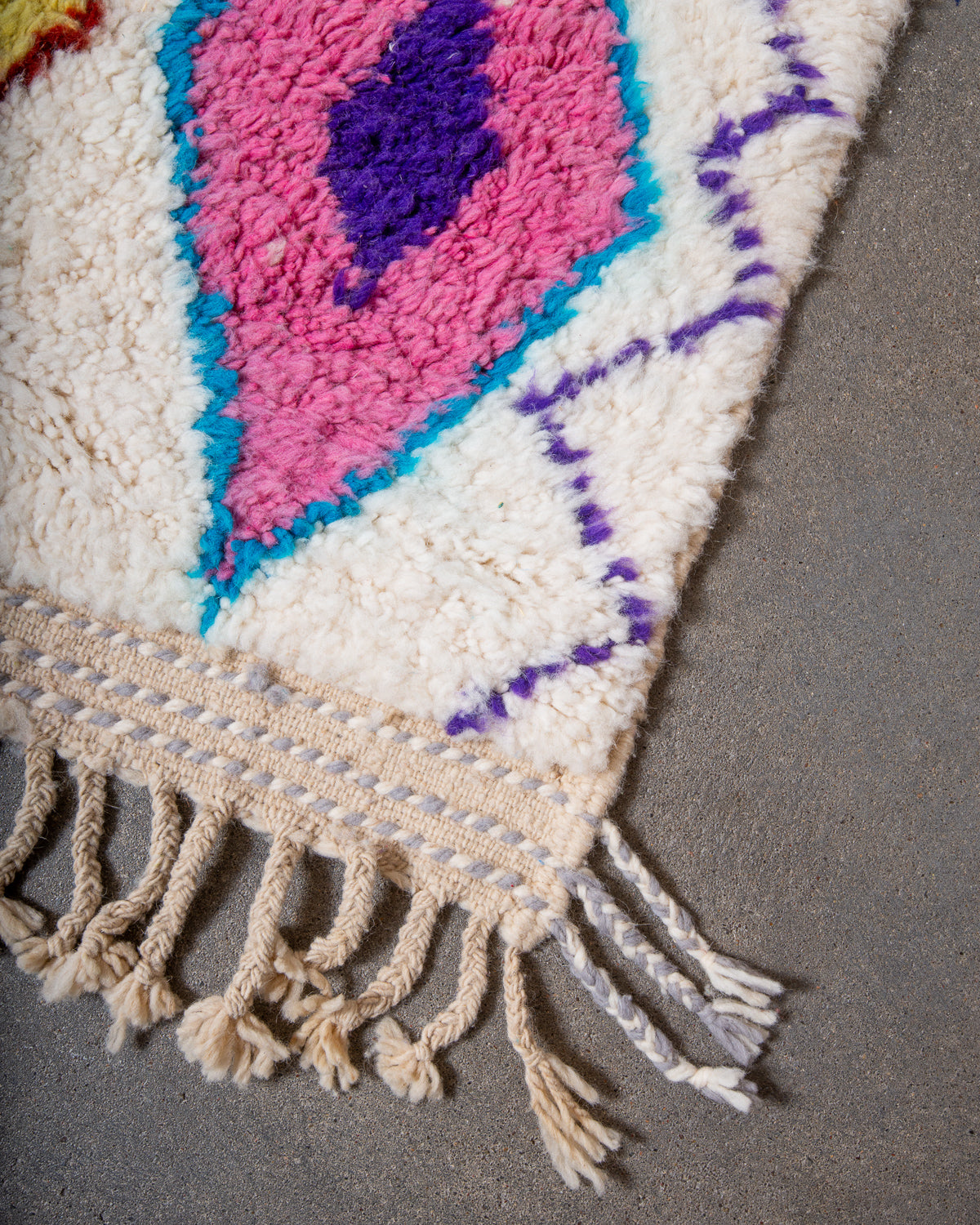Modern, designer, handcrafted Berber rug from Morocco. Beniourain carpet with beautiful colours and patterns and fluffy wool texture.
